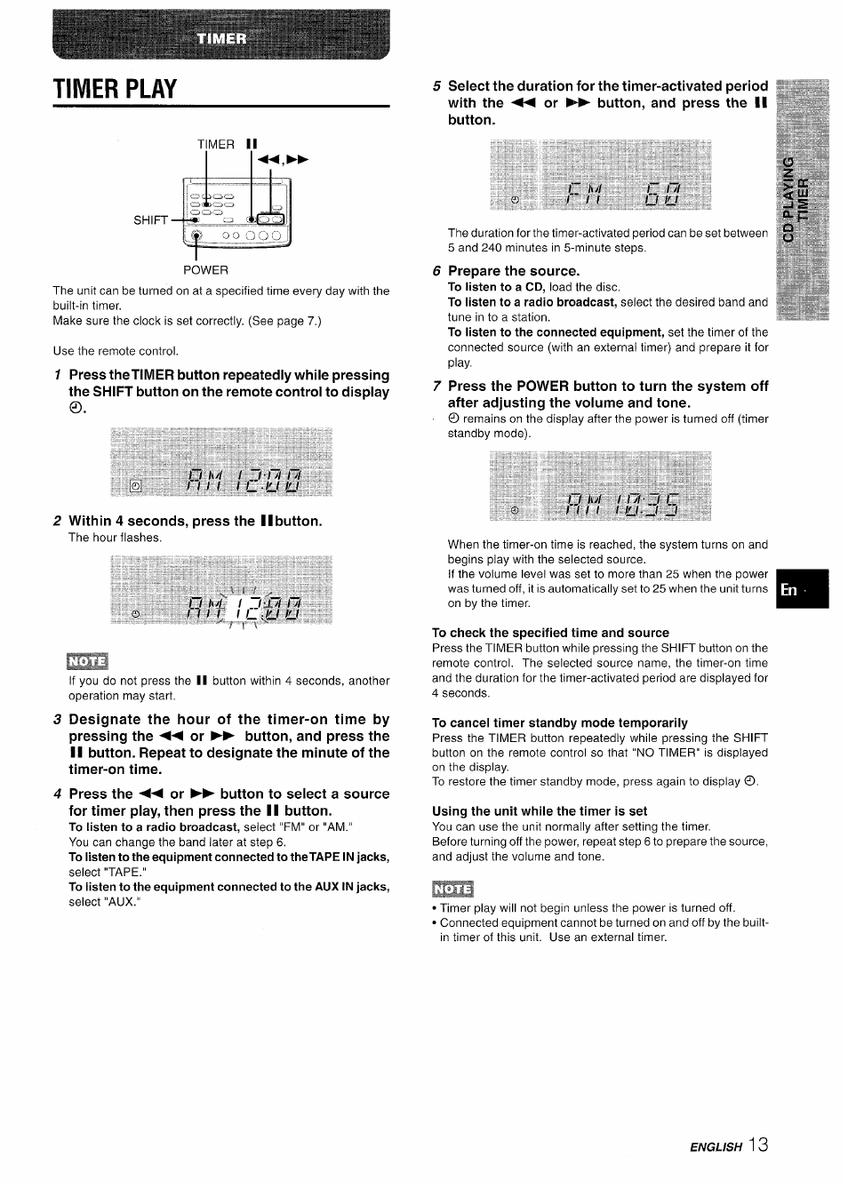 To check the specified time and source, To cancel timer standby mode temporarily, Using the unit whiie the timer is set | Timer play | Aiwa XR-M70 User Manual | Page 13 / 56