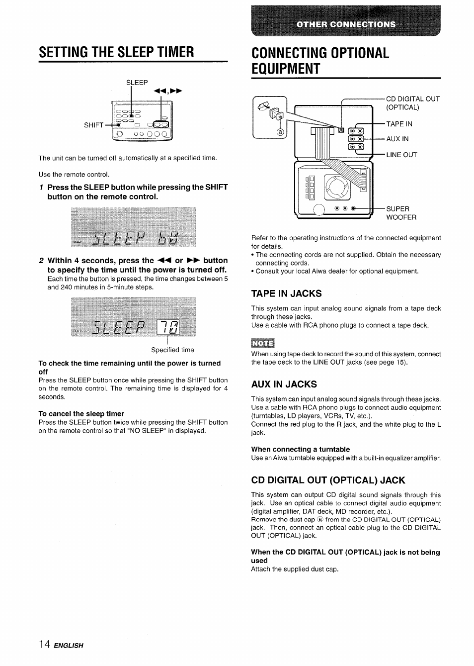 Connecting optional equipment, Tape in jacks, Auxin jacks | When connecting a turntable, Cd digital out (optical) jack, Setting the sleep timer | Aiwa XR-M70 User Manual | Page 14 / 56