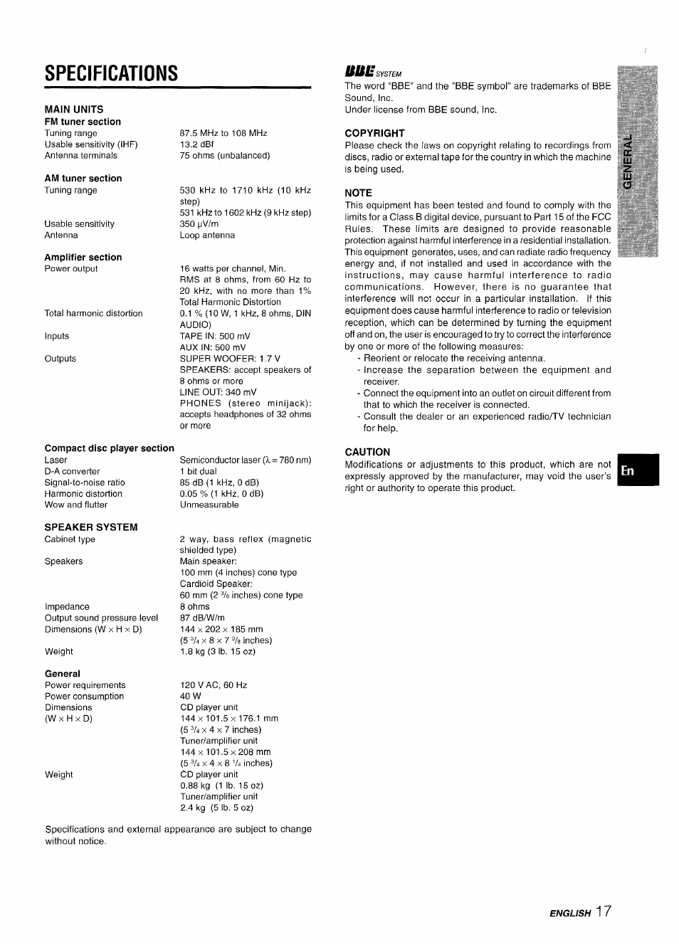 Specifications, Main units fm tuner section, Am tuner section | Amplifier section, Compact disc player section, Copyright, Note, Caution, Speaker system, General | Aiwa XR-M70 User Manual | Page 17 / 56