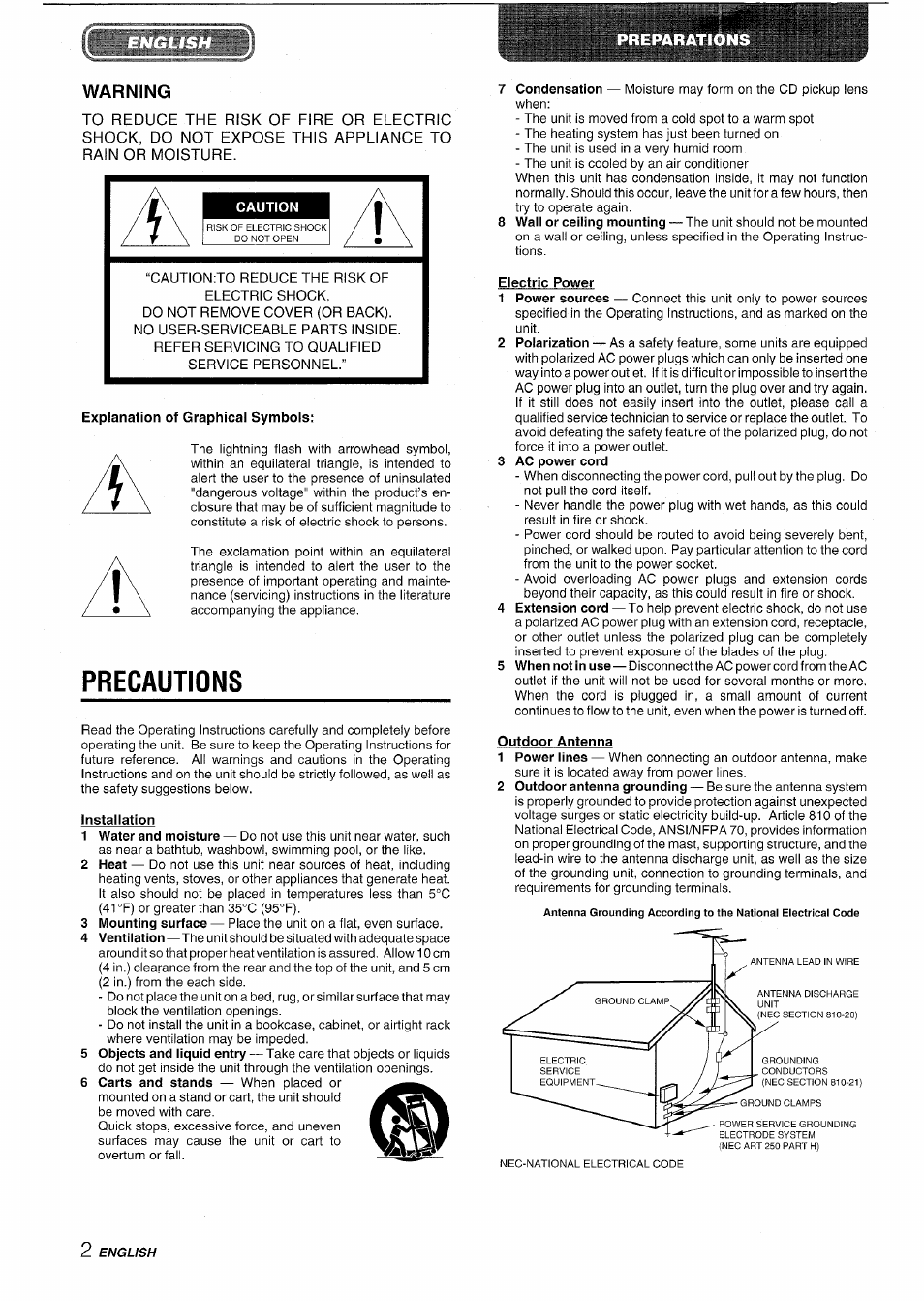 Warning, Caution, Explanation of graphical symbols | Precautions, Installation, Outdoor antenna, English | Aiwa XR-M70 User Manual | Page 2 / 56