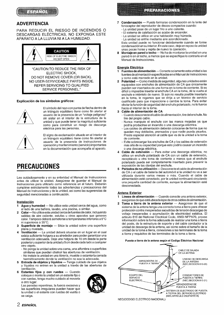 Advertencia, Caution, Explicación de los símbolos gráficos | Precauciones, Instalación, Energía eléctrica, 3 cable de alimentación de ca, Antena exterior | Aiwa XR-M70 User Manual | Page 20 / 56