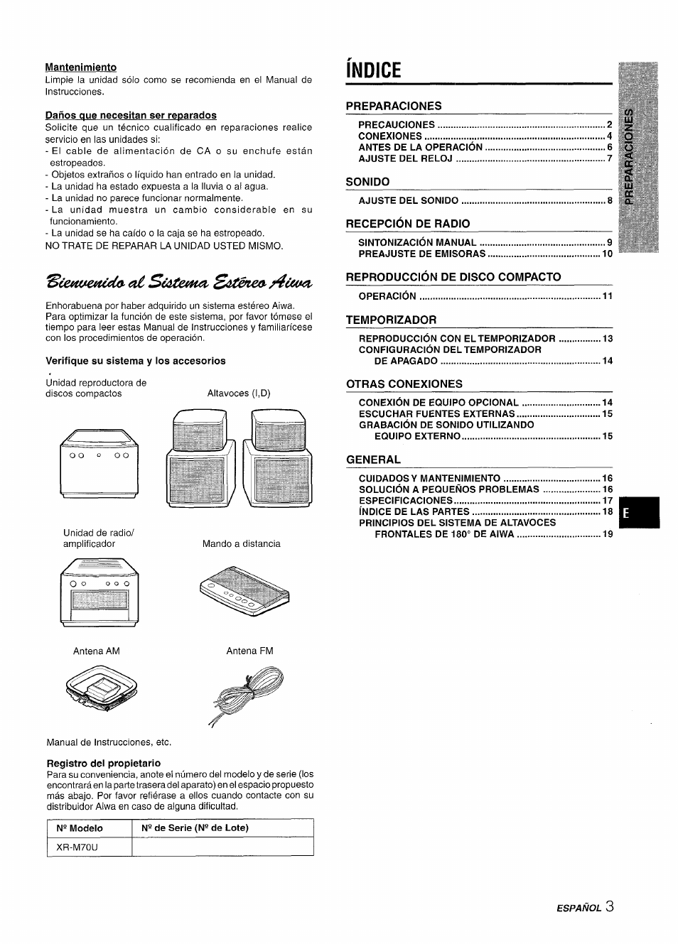 Mantenimiento, Paños que necesitan ser reparados, Verifique su sistema y los accesorios | Registro del propietario, Indice, Temíettcdo^ ai státema | Aiwa XR-M70 User Manual | Page 21 / 56