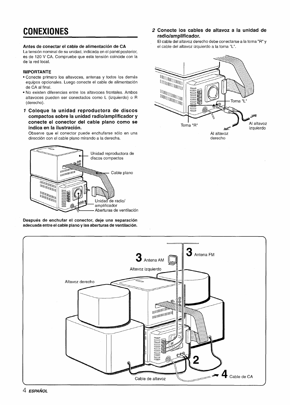 Conexiones, Antes de conectar el cable de alimentación de ca, Importante | Conexiones o | Aiwa XR-M70 User Manual | Page 22 / 56