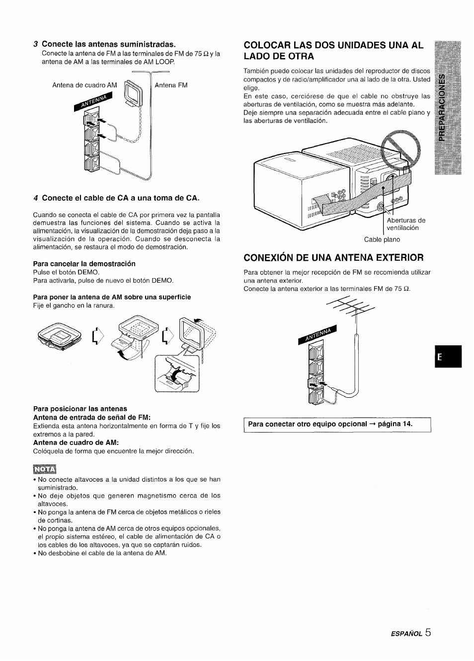 3 conecte las antenas suministradas, 4 conecte el cable de ca a una toma de ca, Para cancelar la demostración | Para poner la antena de am sobre una superficie, Para posicionar las antenas, Colocar las dos unidades una al lado de otra | Aiwa XR-M70 User Manual | Page 23 / 56