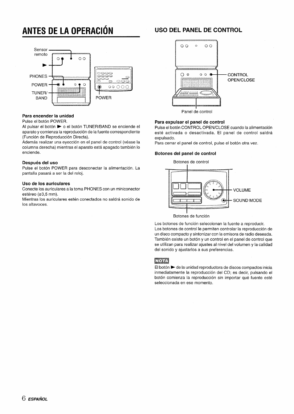 Antes de la operacion, Uso del panel de control, Para encender la unidad | Después del uso, Uso de los auriculares, Para expulsar el panel de control, Botones del panel de control, Antes de la operación ü, Del panel de control | Aiwa XR-M70 User Manual | Page 24 / 56