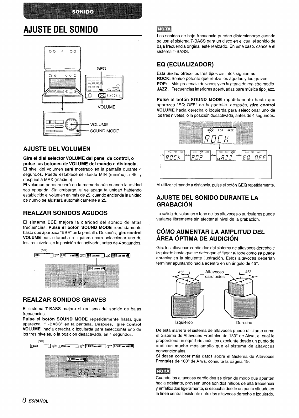 Ajuste del sonido, Ajuste del volumen, Realzar sonidos agudos | Realzar sonidos graves, Eq (ecualizador), Ajuste del sonido durante la grabación | Aiwa XR-M70 User Manual | Page 26 / 56