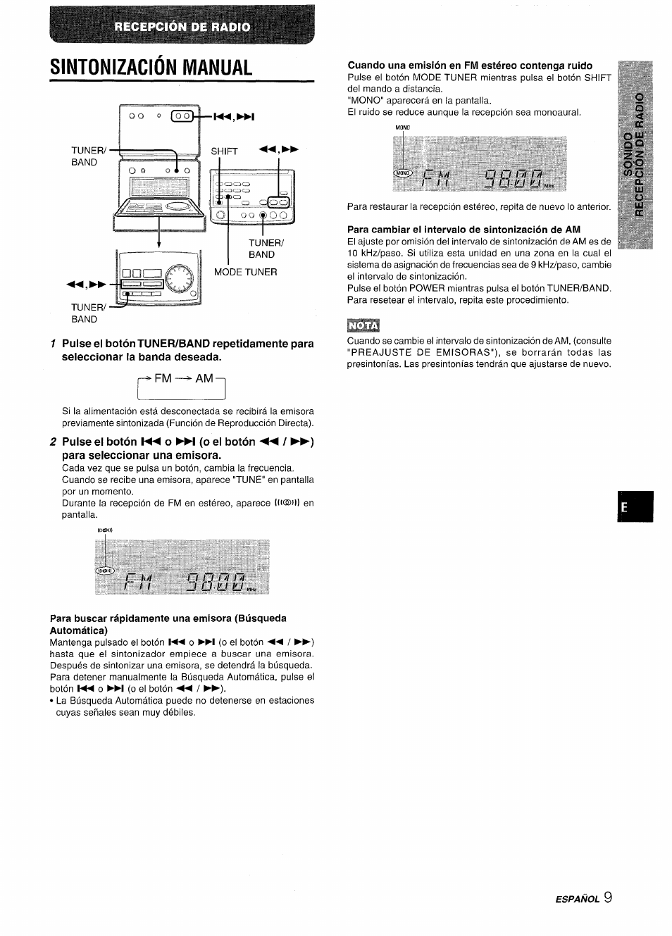 Sintonizacion manual, Cuando una emisión en fm estéreo contenga ruido, Para cambiar el intervalo de sintonización de am | Sintonización manual | Aiwa XR-M70 User Manual | Page 27 / 56