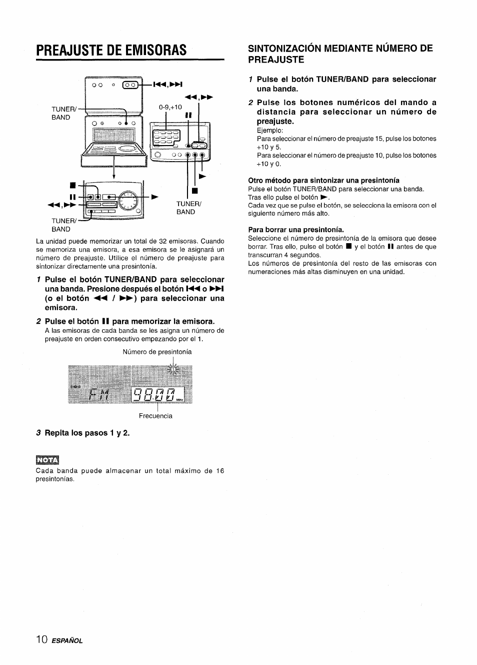 Sintonizacion mediante numero de preajuste, Otro método para sintonizar una presintonía, Para borrar una presintonía | Preajuste de emisoras | Aiwa XR-M70 User Manual | Page 28 / 56