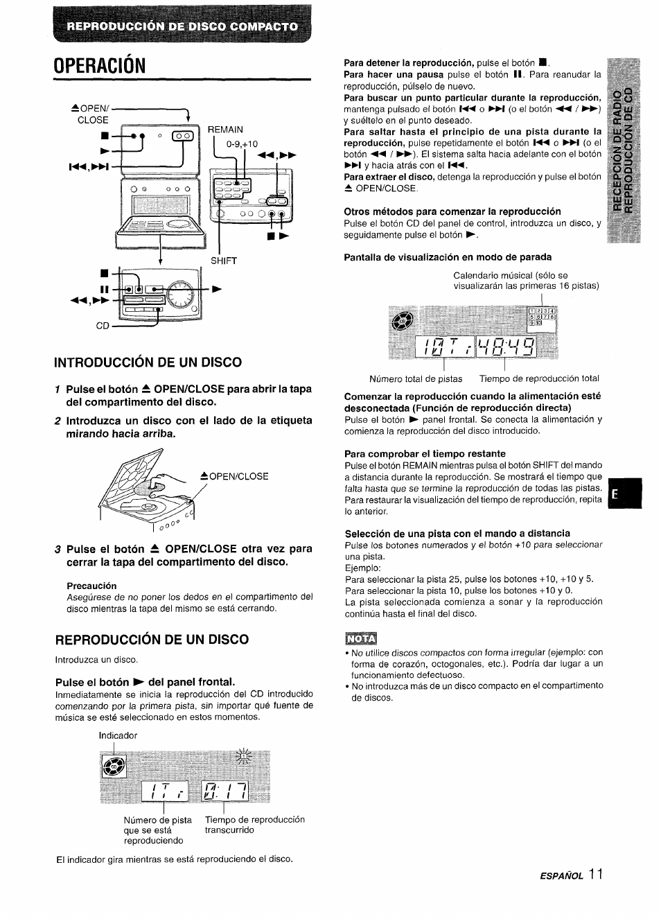 Introduccion de un disco, Otros métodos para comenzar la reproducción, Pantalla de vísualización en modo de parada | Precaución, Para comprobar el tiempo restante, Selección de una pista con el mando a distancia, Reproduccion de un disco, Pulse el botón ^ del panel frontal, Operacion | Aiwa XR-M70 User Manual | Page 29 / 56