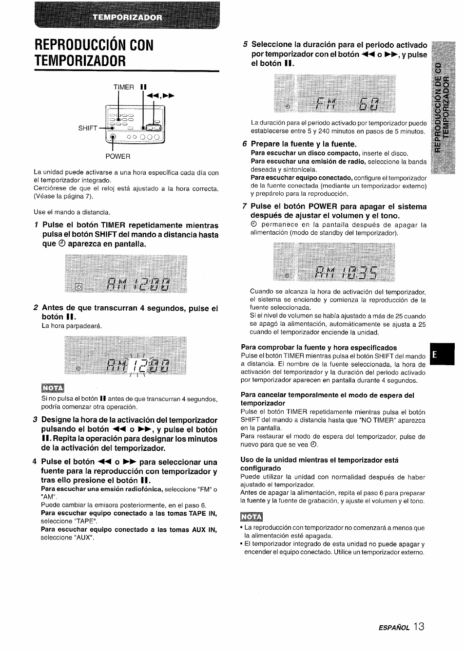 Reproduccion con temporizador, Para comprobar la fuente y hora especificados, Reproducción con el temporizador | Aiwa XR-M70 User Manual | Page 31 / 56