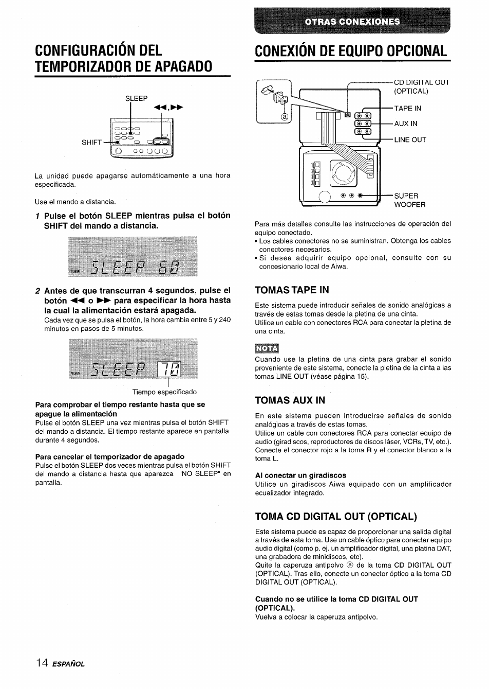 Configuracion del temporizador de apagado, Conexion de equipo opcional, Tomas tape in | Para cancelar el temporizador de apagado, Tomas aux in, Al conectar un giradiscos, Toma cd digital out (optical), Conexión de equipo opcional | Aiwa XR-M70 User Manual | Page 32 / 56