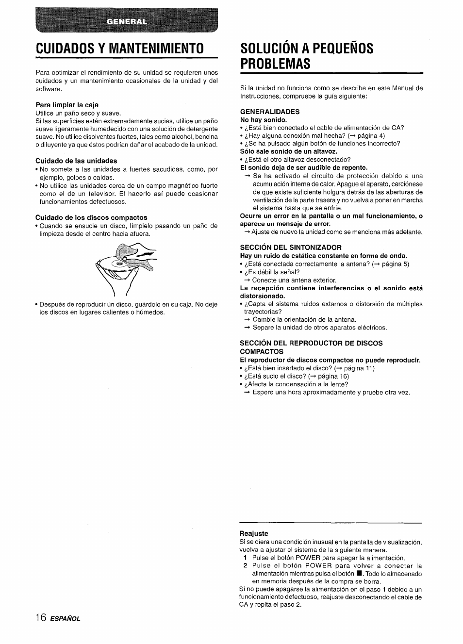 Cuidados y mantenimiento, Para limpiar ia caja, Cuidado de las unidades | Cuidado de los discos compactos, Solucion a pequeños problemas, Generalidades no hay sonido, Sección del sintonizador, Sección del reproductor de discos compactos, Reajuste, Solución a pequeños problemas | Aiwa XR-M70 User Manual | Page 34 / 56