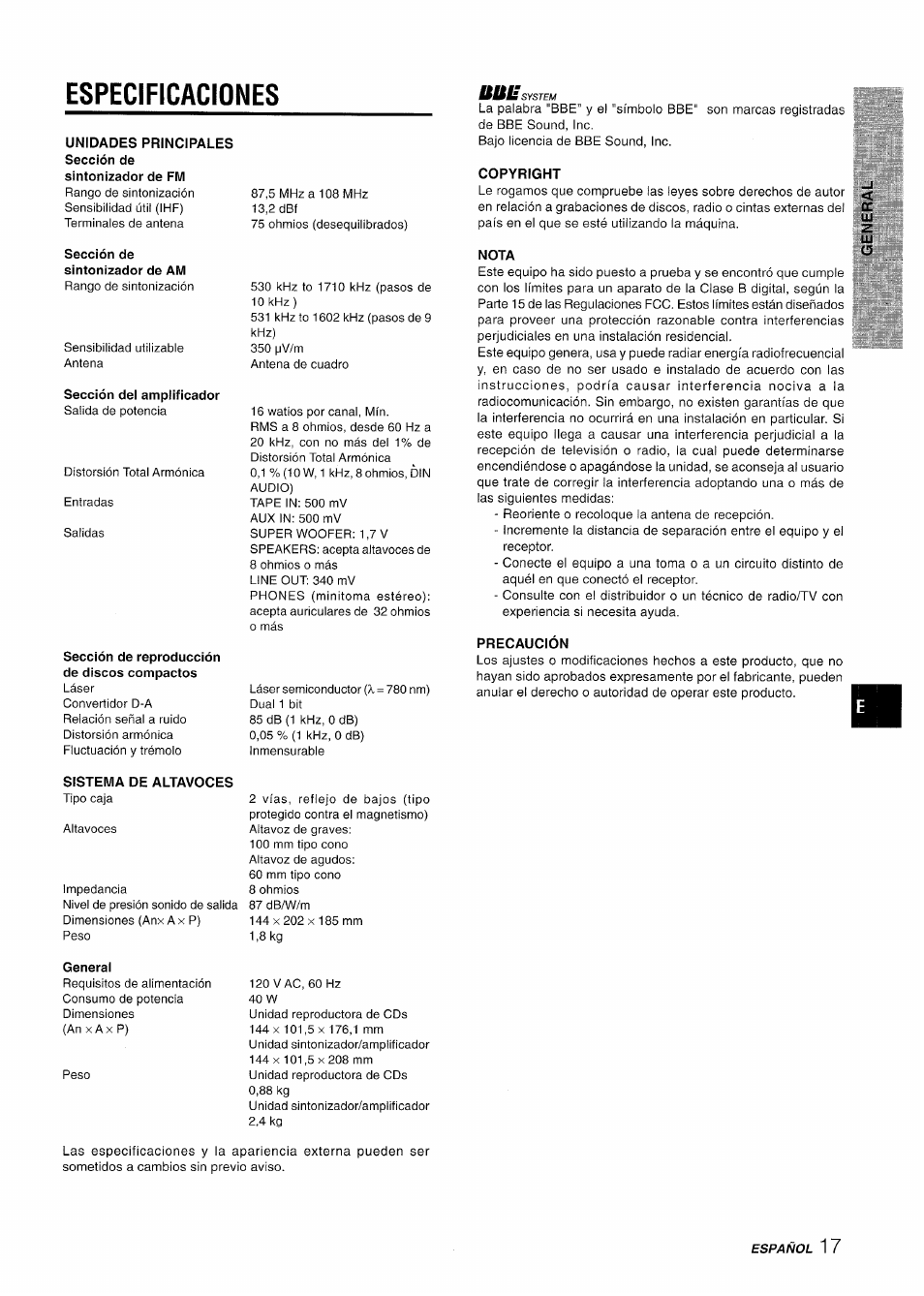 Especificaciones, Unidades principales sección de sintonizador de fm, Sección de sintonizador de am | Sección del amplificador, Sección de reproducción de discos compactos, Sistema de altavoces, General, Copyright, Nota, Precaución | Aiwa XR-M70 User Manual | Page 35 / 56