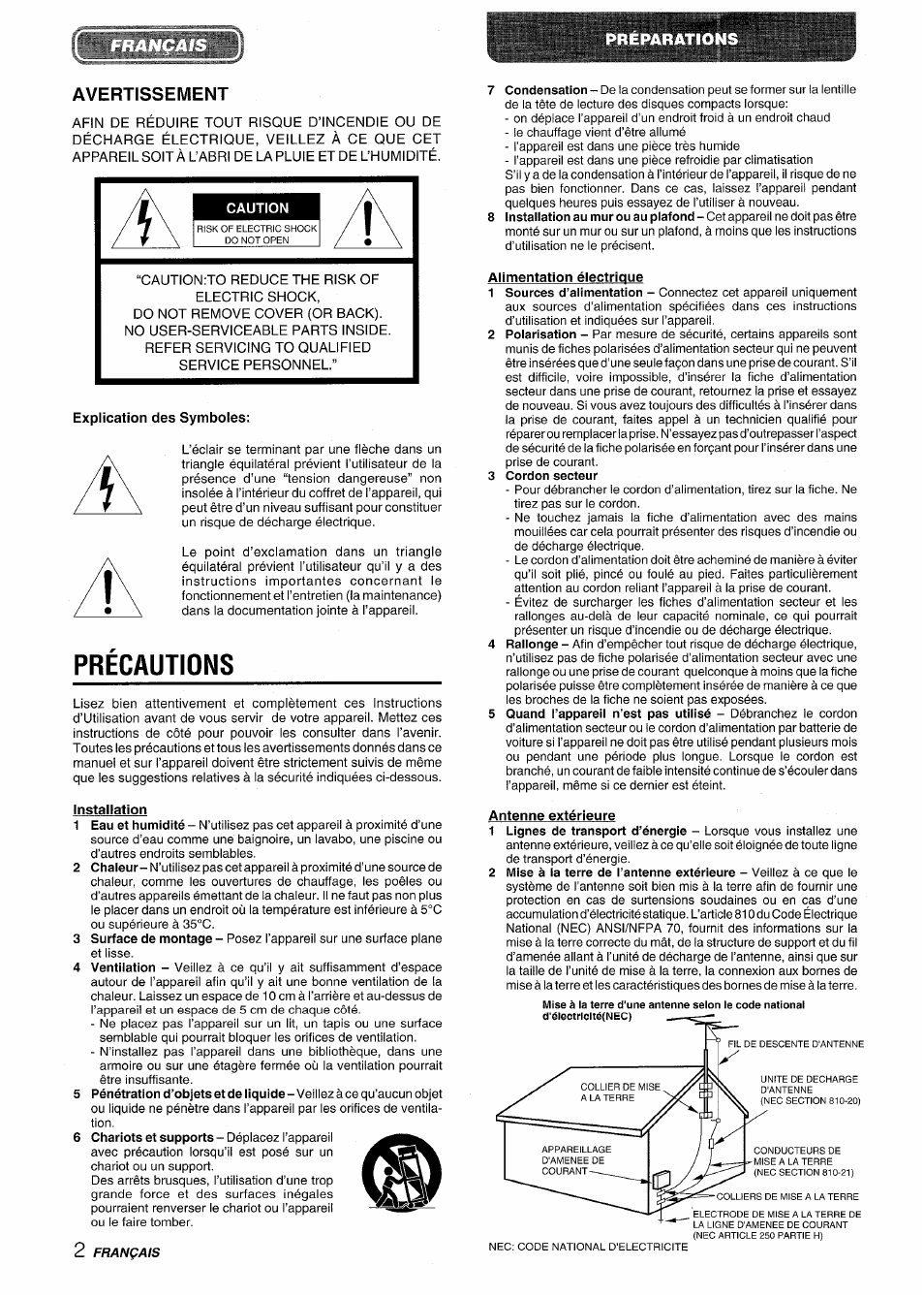 Avertissement, Caution, Explication des symboles | Precautions, Installation, Alimentation électrique, 3 cordon secteur, Antenne extérieure | Aiwa XR-M70 User Manual | Page 38 / 56