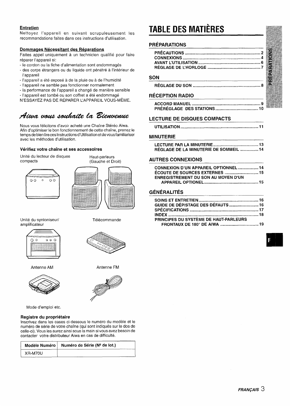 Entretien, Dommages nécessitant des réparations, Vérifiez votre chaîne et ses accessoires | Registre du propriétaire, Table des matieres | Aiwa XR-M70 User Manual | Page 39 / 56