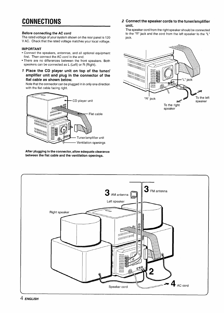 Connections, Before connecting the ac cord, Important | Aiwa XR-M70 User Manual | Page 4 / 56