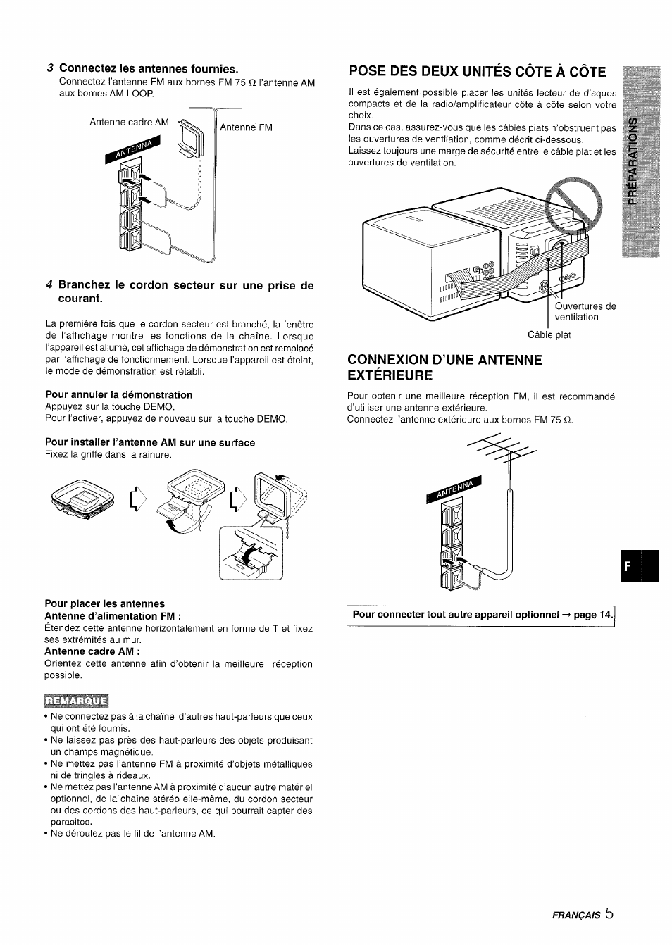 3 connectez les antennes fournies, Pour annuler la démonstration, Pour installer l’antenne am sur une surface | Pose des deux unités côte à côte, Connexion d’une antenne extérieure, Pour placer les antennes antenne d’alimentation fm | Aiwa XR-M70 User Manual | Page 41 / 56