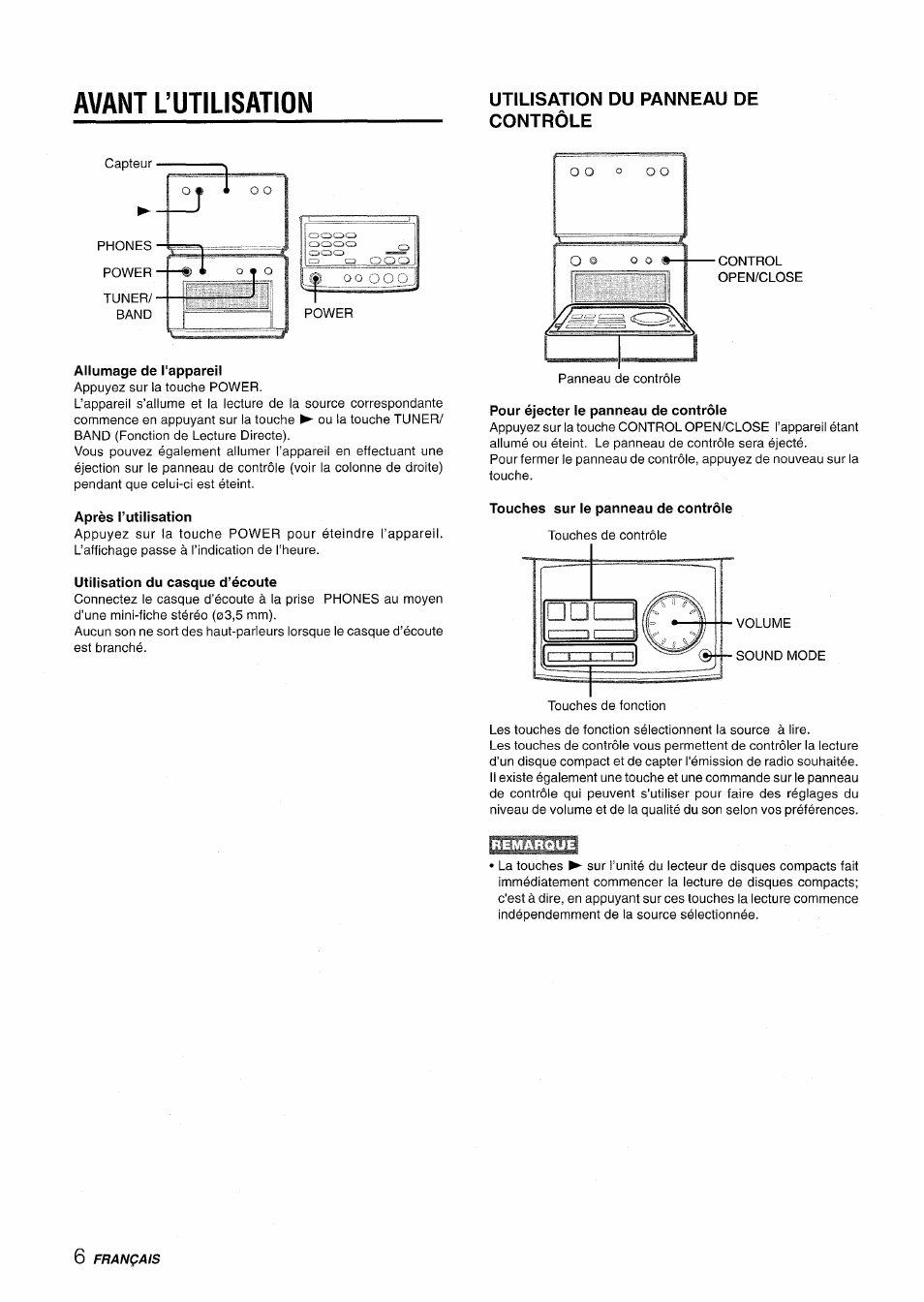 Avant l’utilisation, Utilisation du panneau de contrôle, Allumage de l'appareil | Après l’utilisation, Utilisation du casque d’écoute, Pour éjecter le panneau de contrôle, Touches sur le panneau de contrôle | Aiwa XR-M70 User Manual | Page 42 / 56