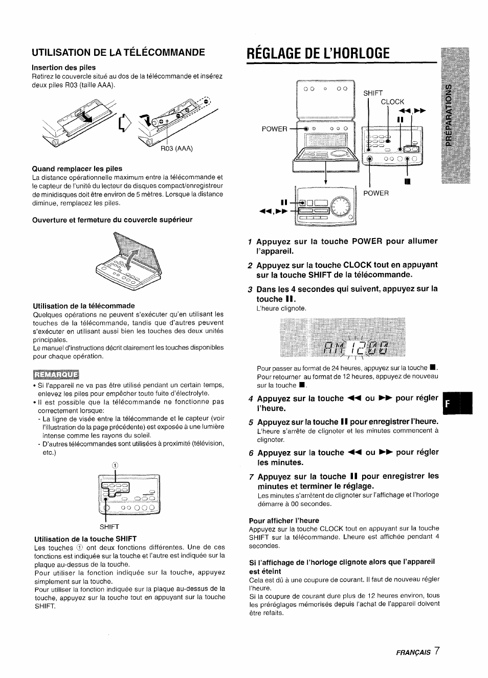 Utilisation de la télécommande, Réglage de l’horloge, Quand remplacer les piles | Ouverture et fermeture du couvercle supérieur, Utilisation de la télécommade, Utilisation de la touche shift, Pour afficher l’heure, Réglage de l’horloge cc | Aiwa XR-M70 User Manual | Page 43 / 56