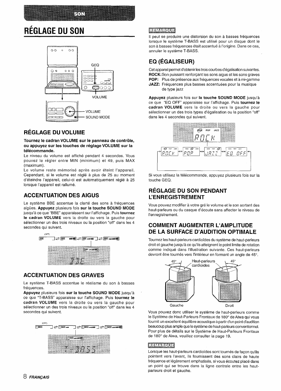 Reglage du son, Eq (égaliseur), Reglage du volume | Accentuation des aigus, T/ r, Accentuation des graves, Réglage du son pendant l’enregistrement, Réglage du son | Aiwa XR-M70 User Manual | Page 44 / 56