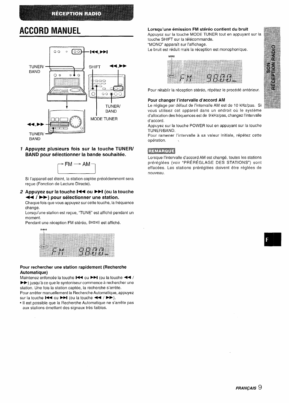 Accord manuel, Lorsqu’une émission fm stéréo contient du bruit, Pour changer l’intervaile d’accord am | Aiwa XR-M70 User Manual | Page 45 / 56