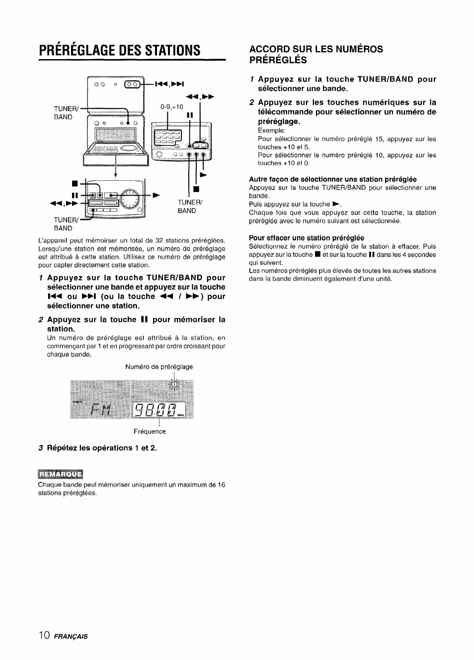 Accord sur les numeros préréglés, Autre façon de sélectionner une station préréglée, Pour effacer une station préréglée | Prereglage des stations | Aiwa XR-M70 User Manual | Page 46 / 56