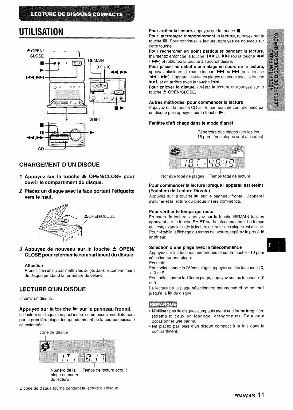 Utilisation, Autres méthodes pour commencer la lecture, Fenêtre d’affichage dans le mode d’arrêt | Chargement d’un disque, Lecture d’un disque, Appuyez sur la touche ^ sur le panneau frontal, Pour vérifier le temps qui reste, Sélection d’une plage avec la télécommande | Aiwa XR-M70 User Manual | Page 47 / 56