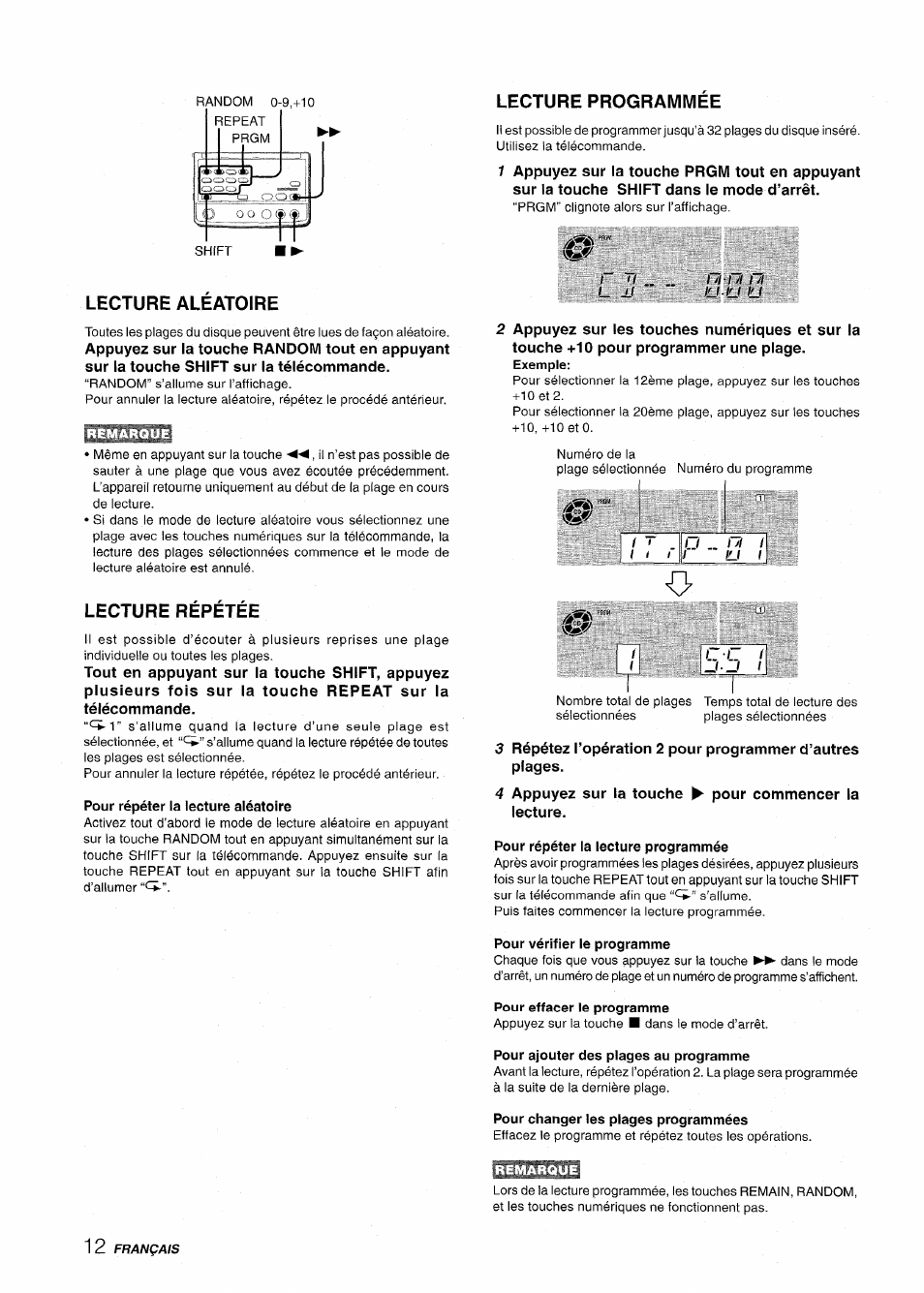 Lecture aleatoire, Lecture répétée, Lecture programmée | Pour répéter la lecture programmée, Pour vérifier le programme, Pour ajouter des plages au programme, Pour changer les plages programmées | Aiwa XR-M70 User Manual | Page 48 / 56