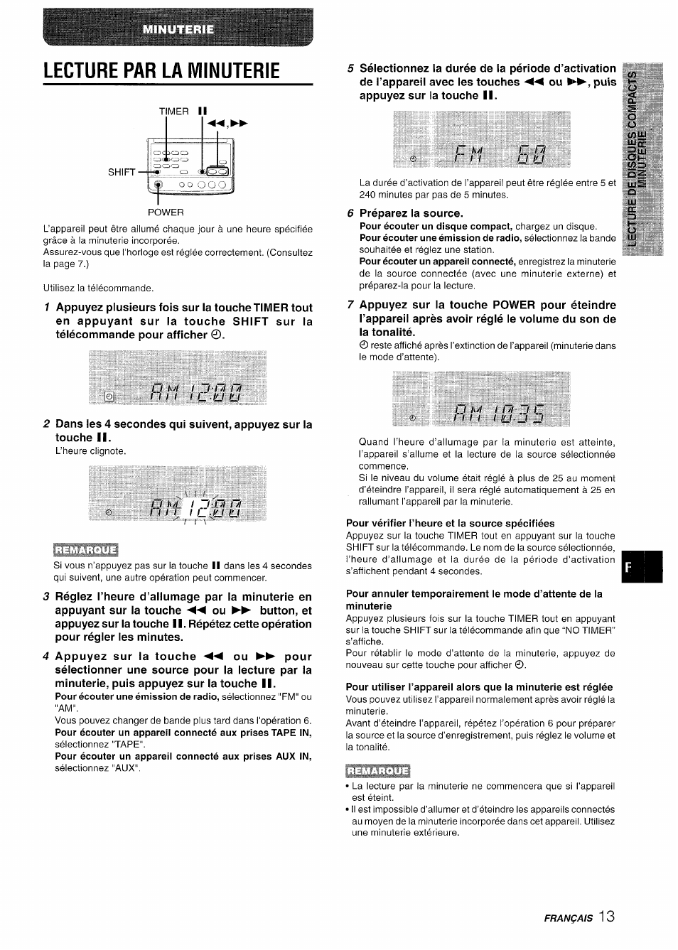 Lecture par la minuterie, Pour vérifier l’heure et la source spécifiées | Aiwa XR-M70 User Manual | Page 49 / 56