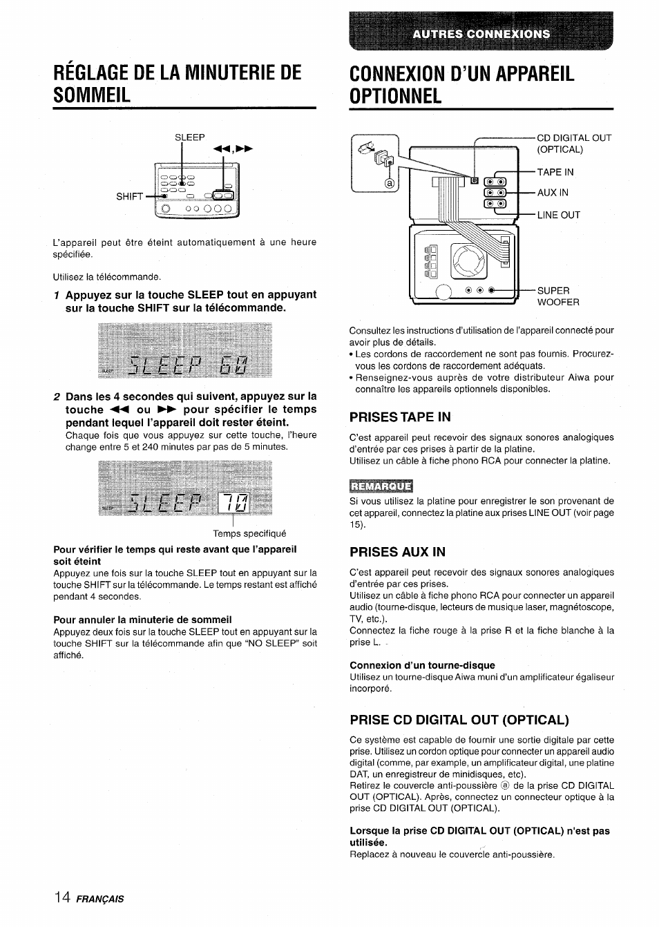 Reglage de la minuterie de sommeil, Connexion d’un appareil optionnel, Pour annuler la minuterie de sommeil | Prises tape in, Prises aux in, Connexion d’un tourne-disque, Prise cd digital out (optical), Réglage de la minuterie de sommeil | Aiwa XR-M70 User Manual | Page 50 / 56