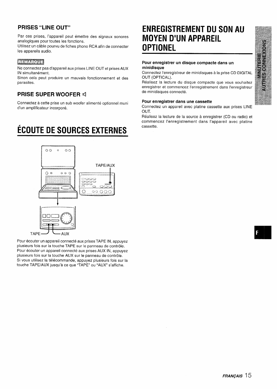 Prises “line out, Prise superwoofer <1, Écoute de sources externes | Pour enregistrer dans une cassette, O uü ouo, Prise superwoofer | Aiwa XR-M70 User Manual | Page 51 / 56