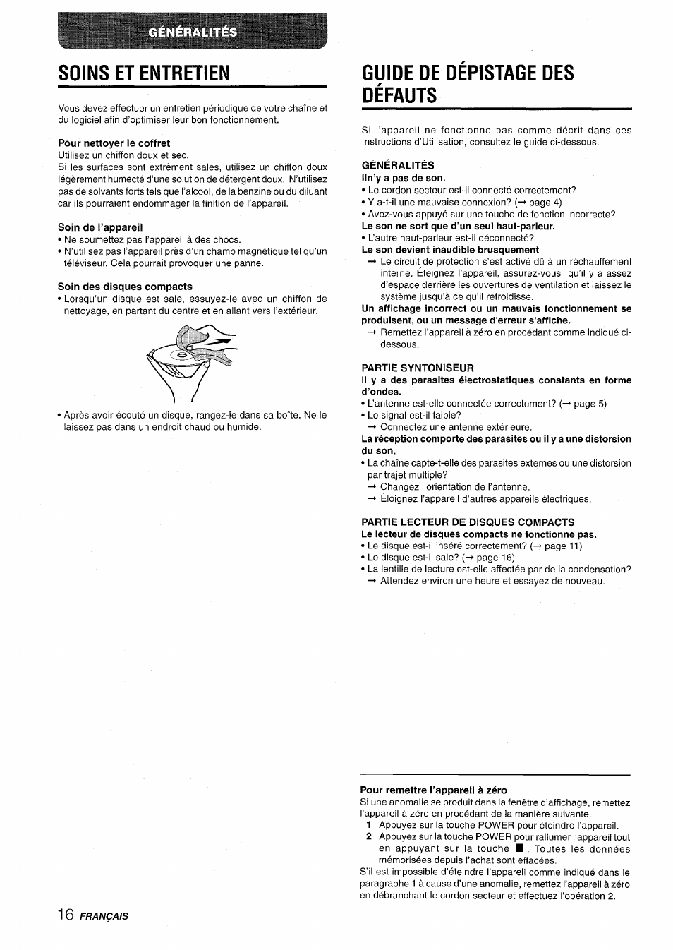 Soins et entretien, Pour nettoyer le coffret, Soin de l’appareil | Soin des disques compacts, Guide de depistage des défauts, Généralités lln’y a pas de son, Partie syntoniseur, Pour remettre l’appareil à zéro, Guide de dépistage des défauts | Aiwa XR-M70 User Manual | Page 52 / 56