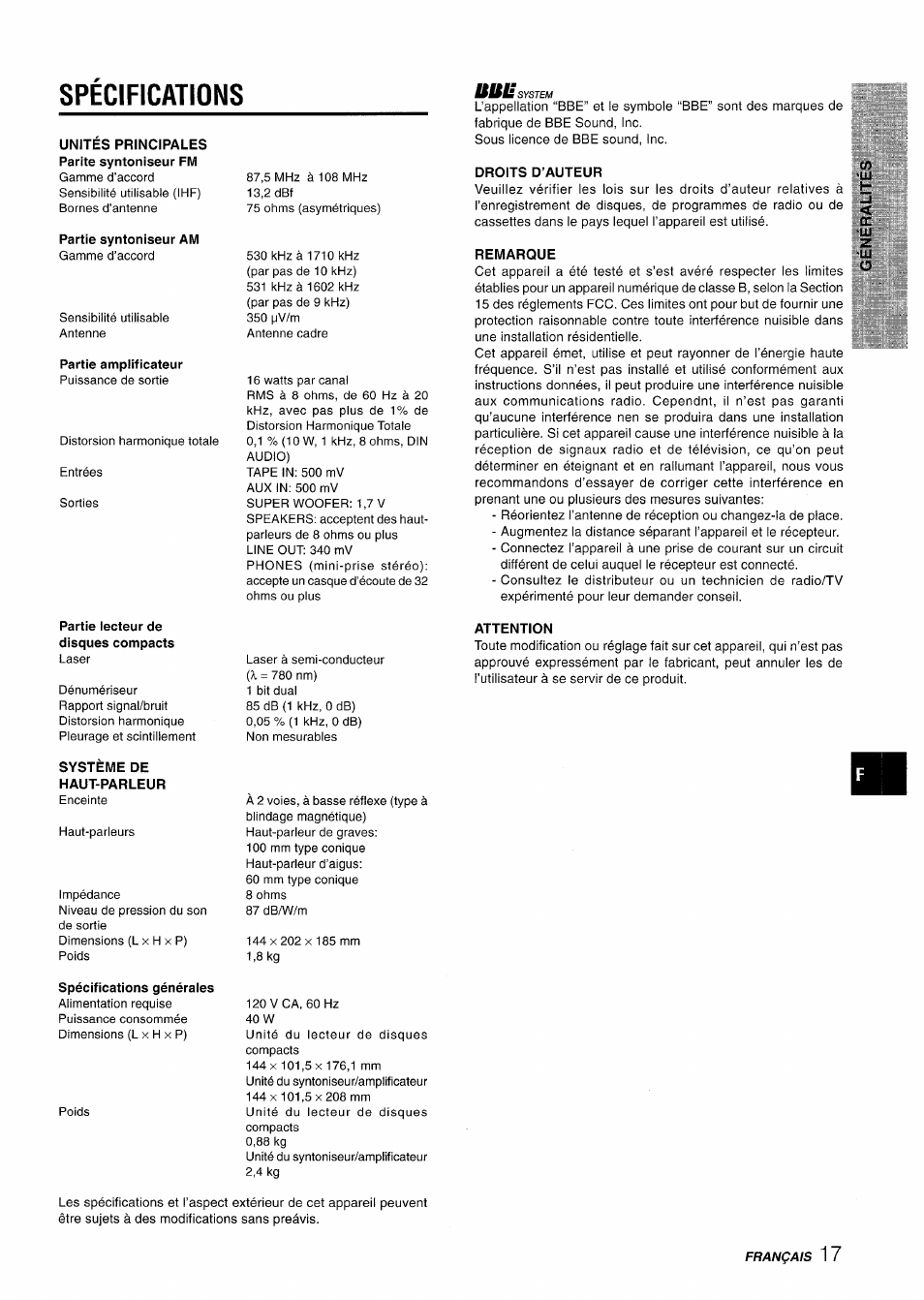 Specifications, Unites principales, Partie syntoniseur am | Partie amplificateur, Partie lecteur de disques compacts, Système de haut-parleur, Droits d’auteur, Remarque, Attention, Spécifications générales | Aiwa XR-M70 User Manual | Page 53 / 56