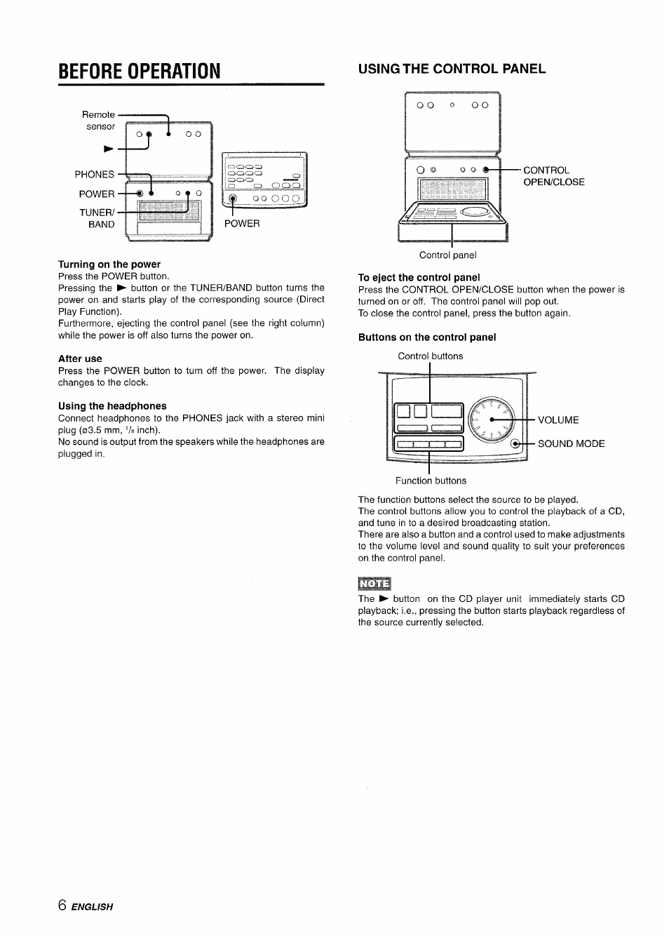 Before operation, Using the control panel, Turning on the power | After use, Using the headphones | Aiwa XR-M70 User Manual | Page 6 / 56