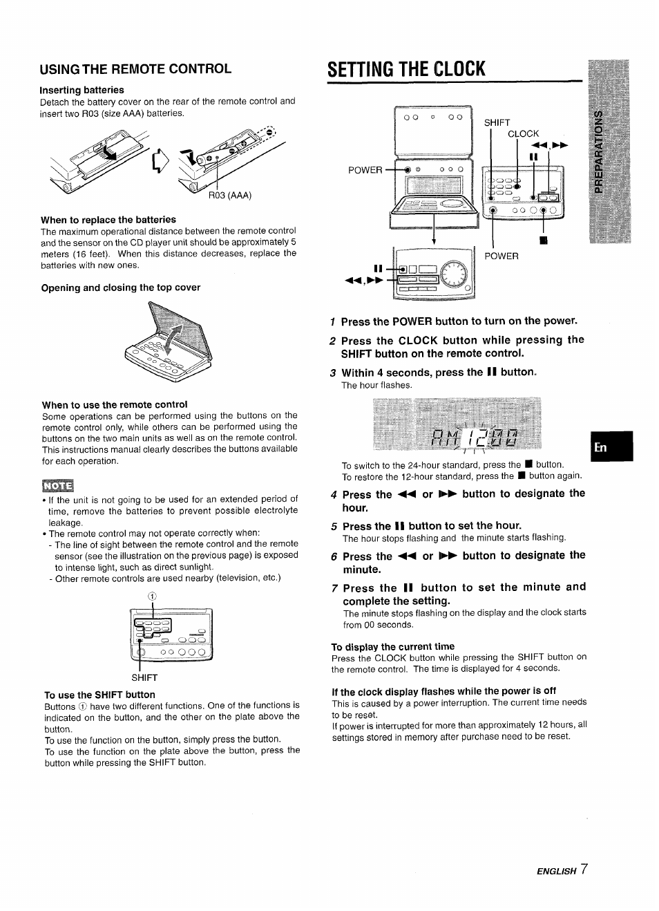 Using the remote control, Inserting batteries, Setting the clock | When to replace the batteries, Opening and ciosing the top cover, When to use the remote control, To use the shift button, 1 press the power button to turn on the power, 3 within 4 seconds, press the ii button, Button to designate the | Aiwa XR-M70 User Manual | Page 7 / 56