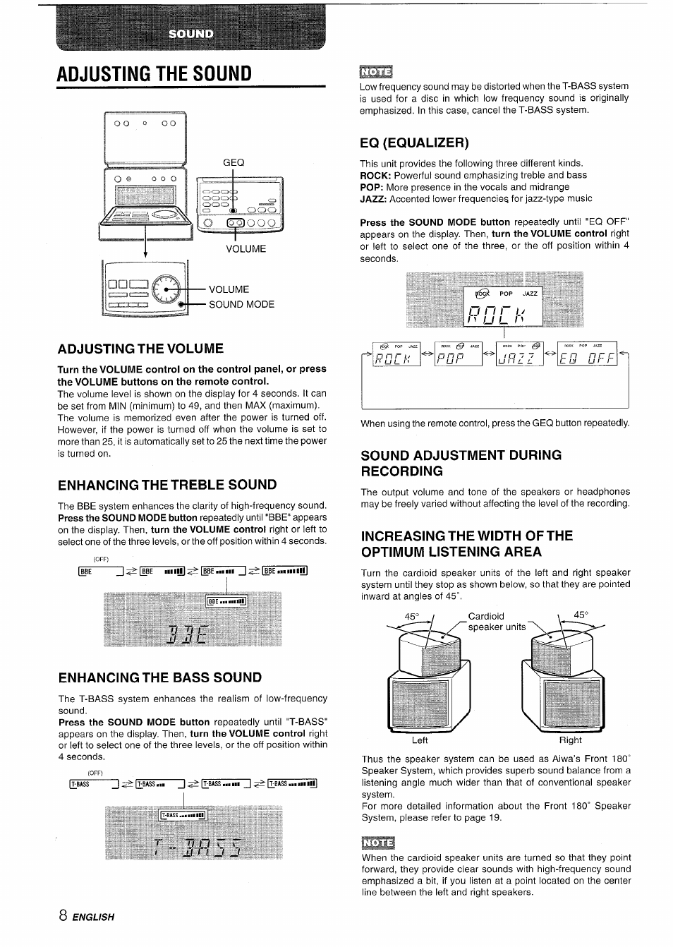 Adjusting the sound, Eq (equalizer), Adjusting the volume | Enhancingthetreble sound, Enhancing the bass sound, Qrr:7.7.r.n, Sound adjustment during recording, Increasing the width of the optimum listening area | Aiwa XR-M70 User Manual | Page 8 / 56