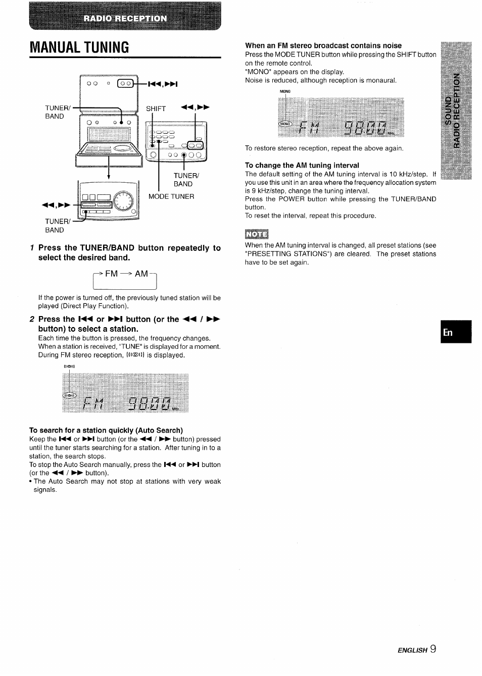 Manual tuning, When an fm stereo broadcast contains noise, To change the am tuning interval | To search for a station quickly (auto search) | Aiwa XR-M70 User Manual | Page 9 / 56