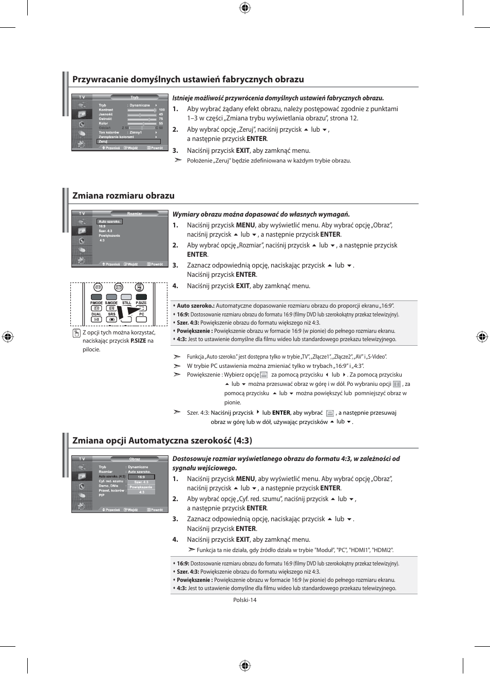 Zmiana rozmiaru obrazu, Zmiana opcji automatyczna szerokość (4:3) | Samsung LE40N71B User Manual | Page 104 / 355