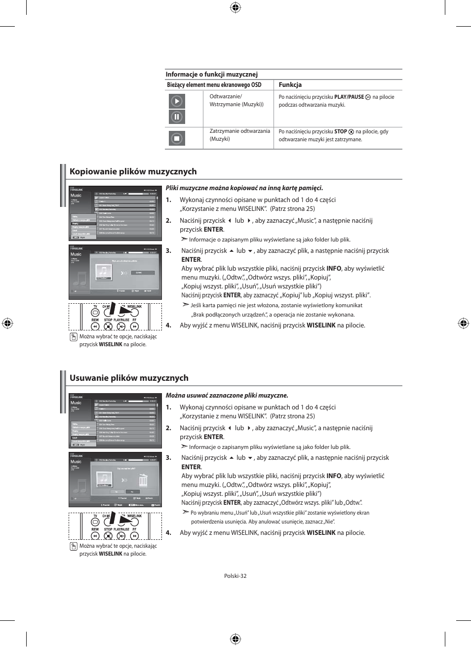 Kopiowanie plików muzycznych, Usuwanie plików muzycznych | Samsung LE40N71B User Manual | Page 122 / 355