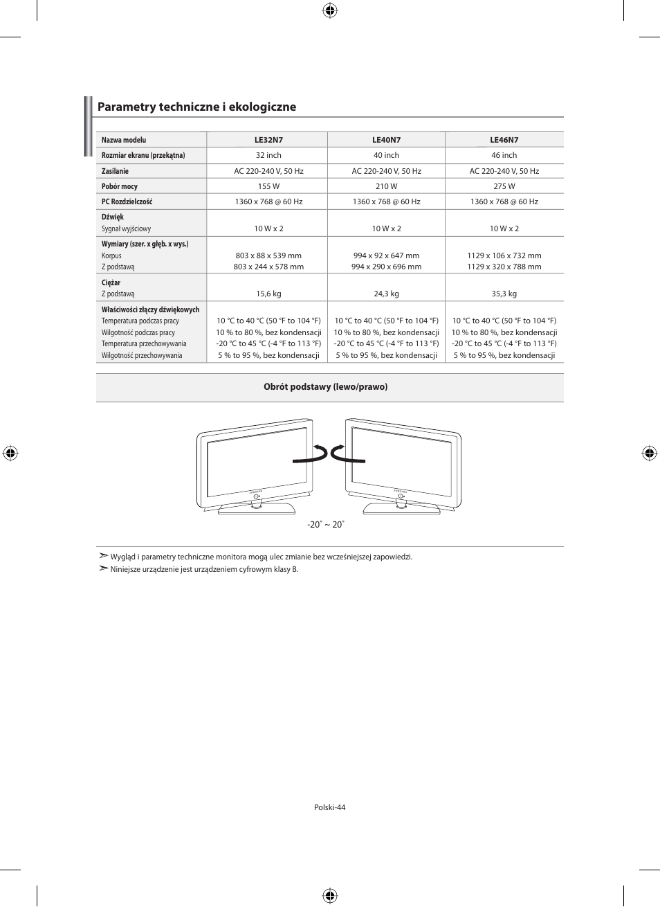 Parametry techniczne i ekologiczne | Samsung LE40N71B User Manual | Page 134 / 355