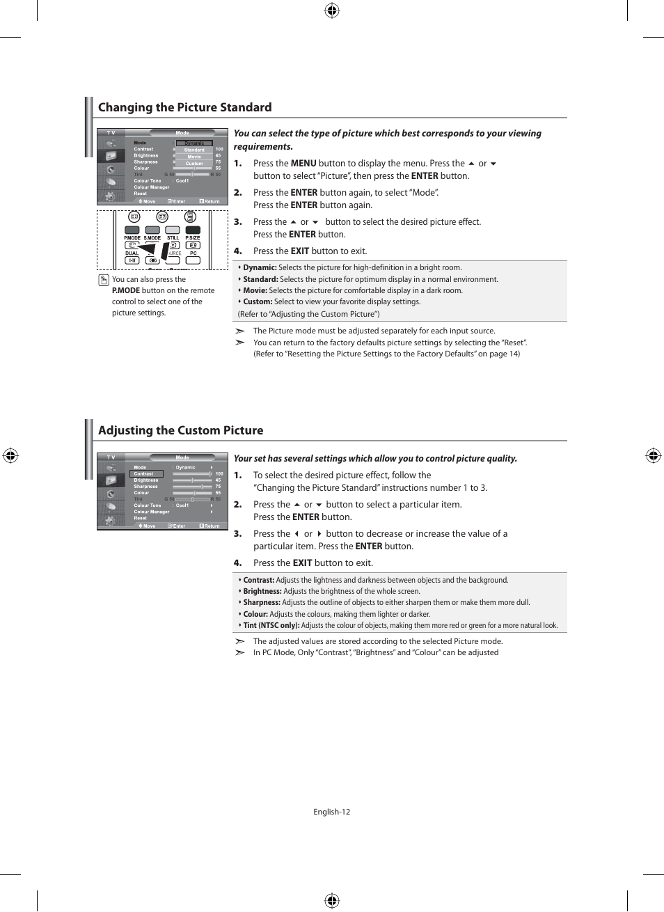Setting the picture, Changing the picture standard, Adjusting the custom picture | Samsung LE40N71B User Manual | Page 14 / 355