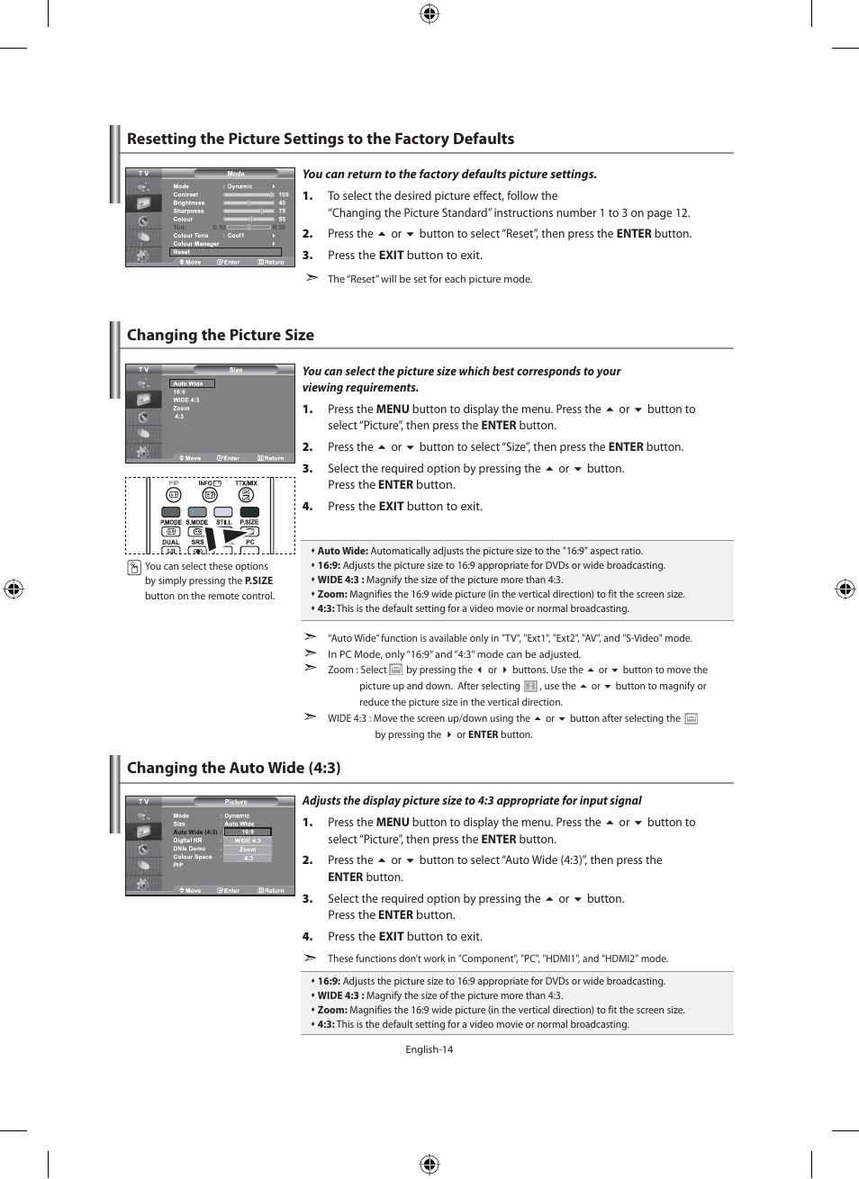 Changing the picture size, Changing the auto wide (4:3) | Samsung LE40N71B User Manual | Page 16 / 355
