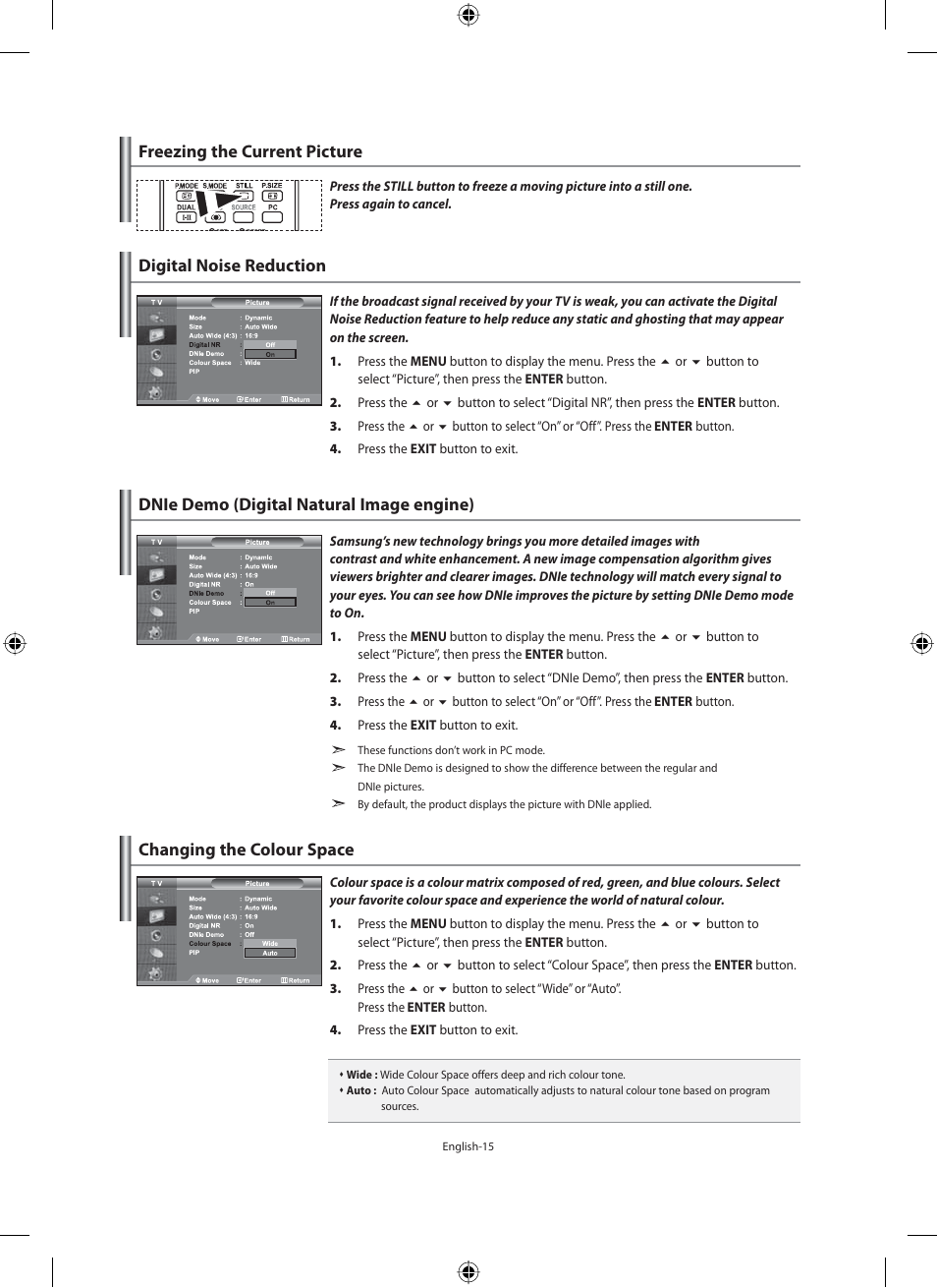 Freezing the current picture, Digital noise reduction, Dnie demo (digital natural image engine) | Changing the colour space | Samsung LE40N71B User Manual | Page 17 / 355