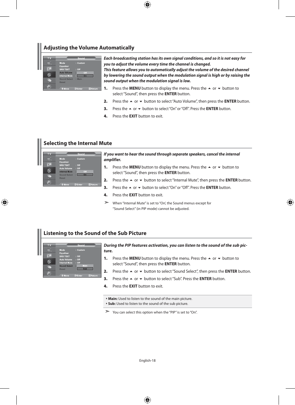 Adjusting the volume automatically, Selecting the internal mute, Listening to the sound of the sub picture | Samsung LE40N71B User Manual | Page 20 / 355