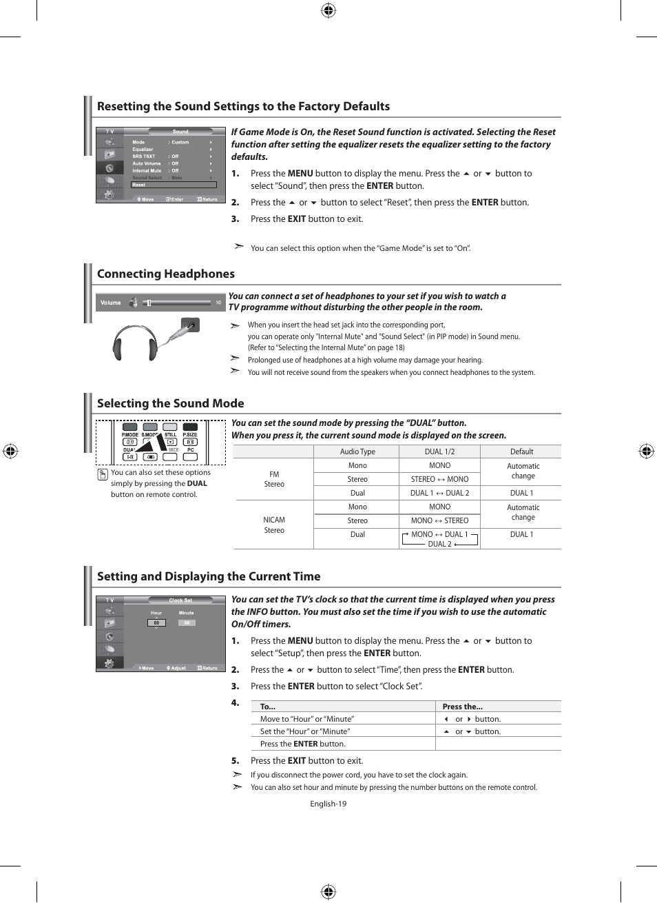 Connecting headphones, Selecting the sound mode, Setting the time | Setting and displaying the current time | Samsung LE40N71B User Manual | Page 21 / 355