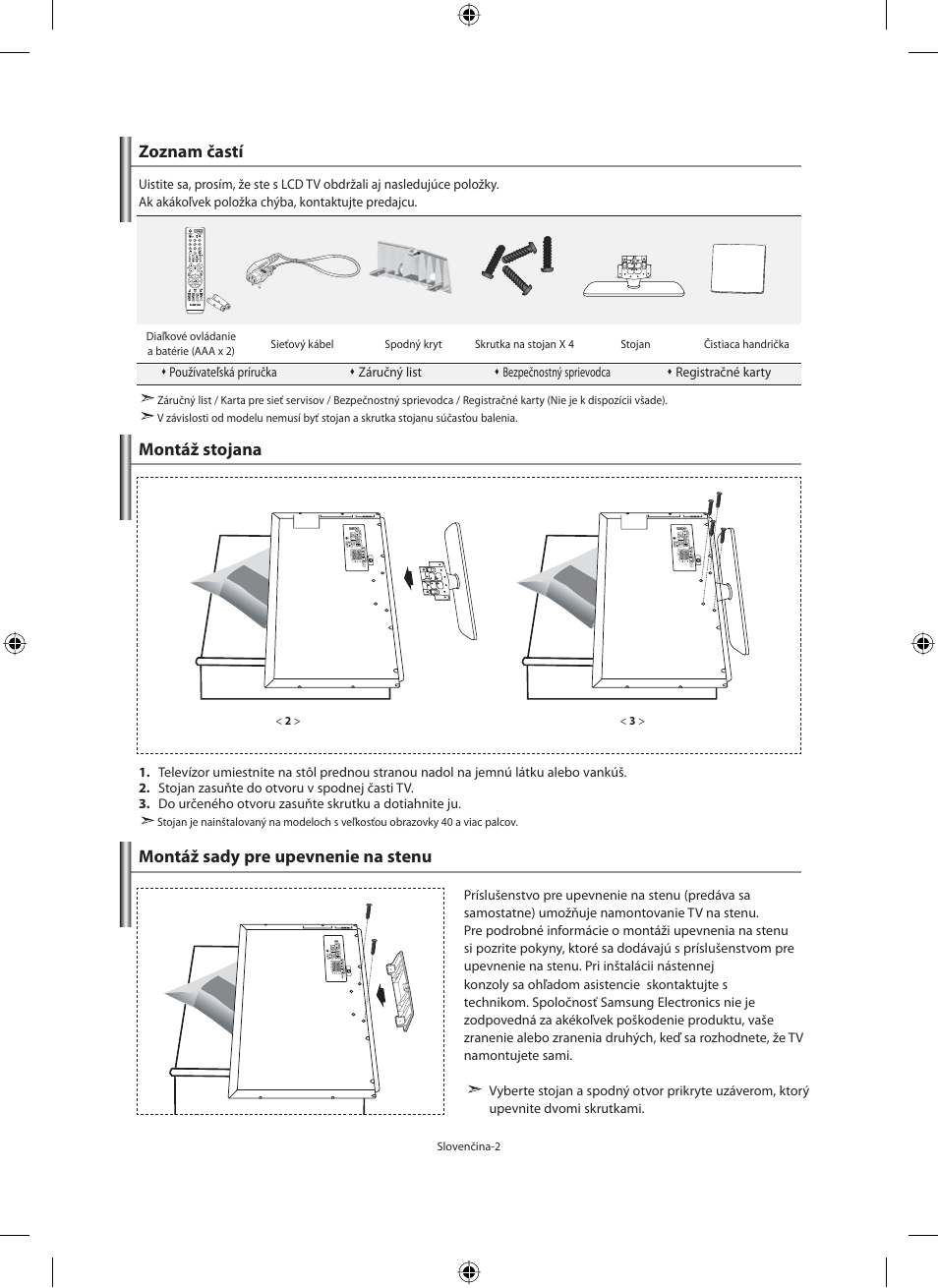 Zoznam častí, Montáž stojana, Montáž sady pre upevnenie na stenu | Samsung LE40N71B User Manual | Page 224 / 355
