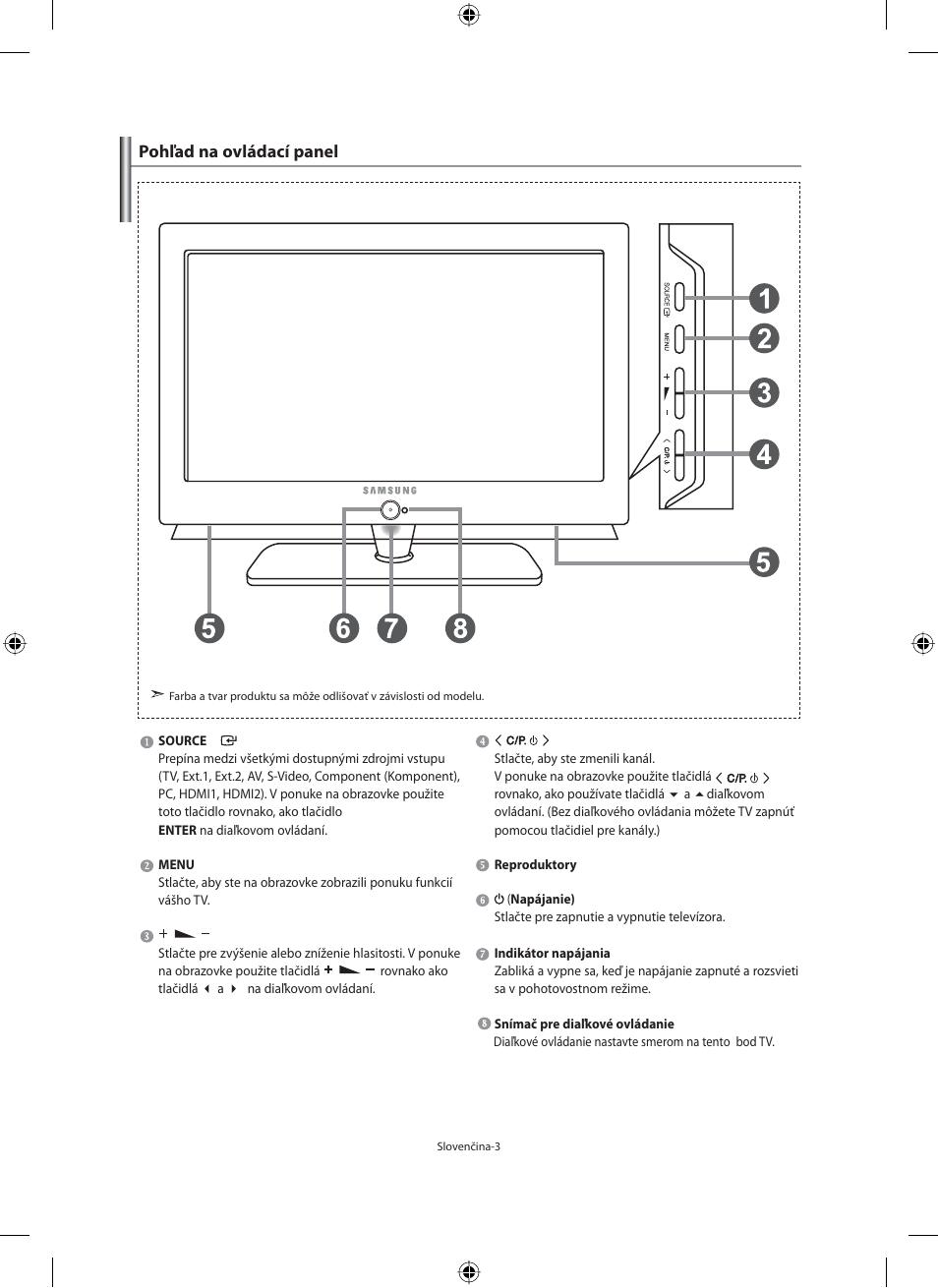 Pohľad na ovládací panel | Samsung LE40N71B User Manual | Page 225 / 355
