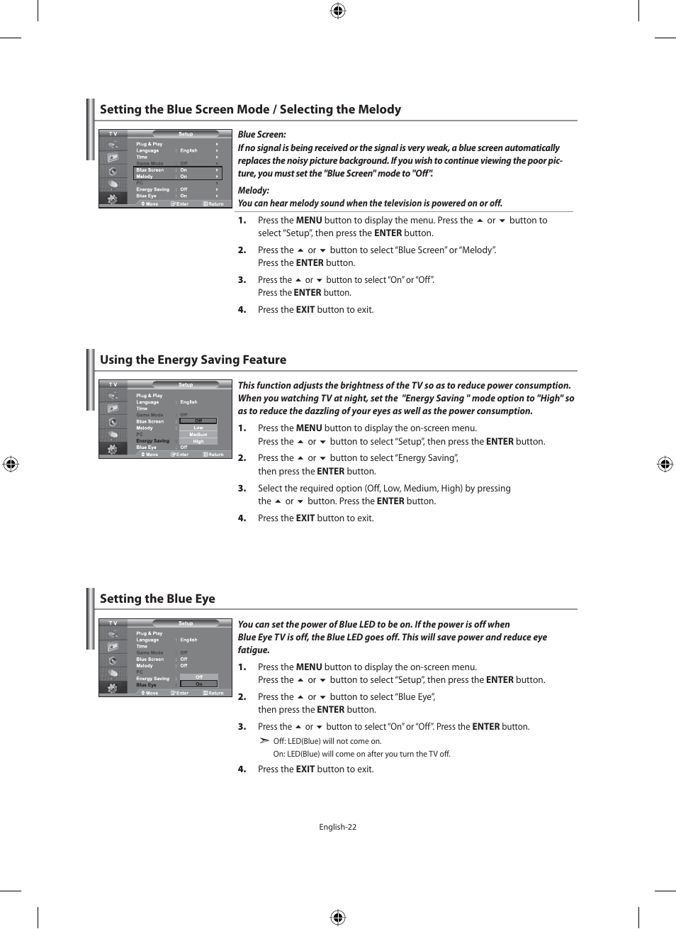 Using the energy saving feature, Setting the blue eye | Samsung LE40N71B User Manual | Page 24 / 355