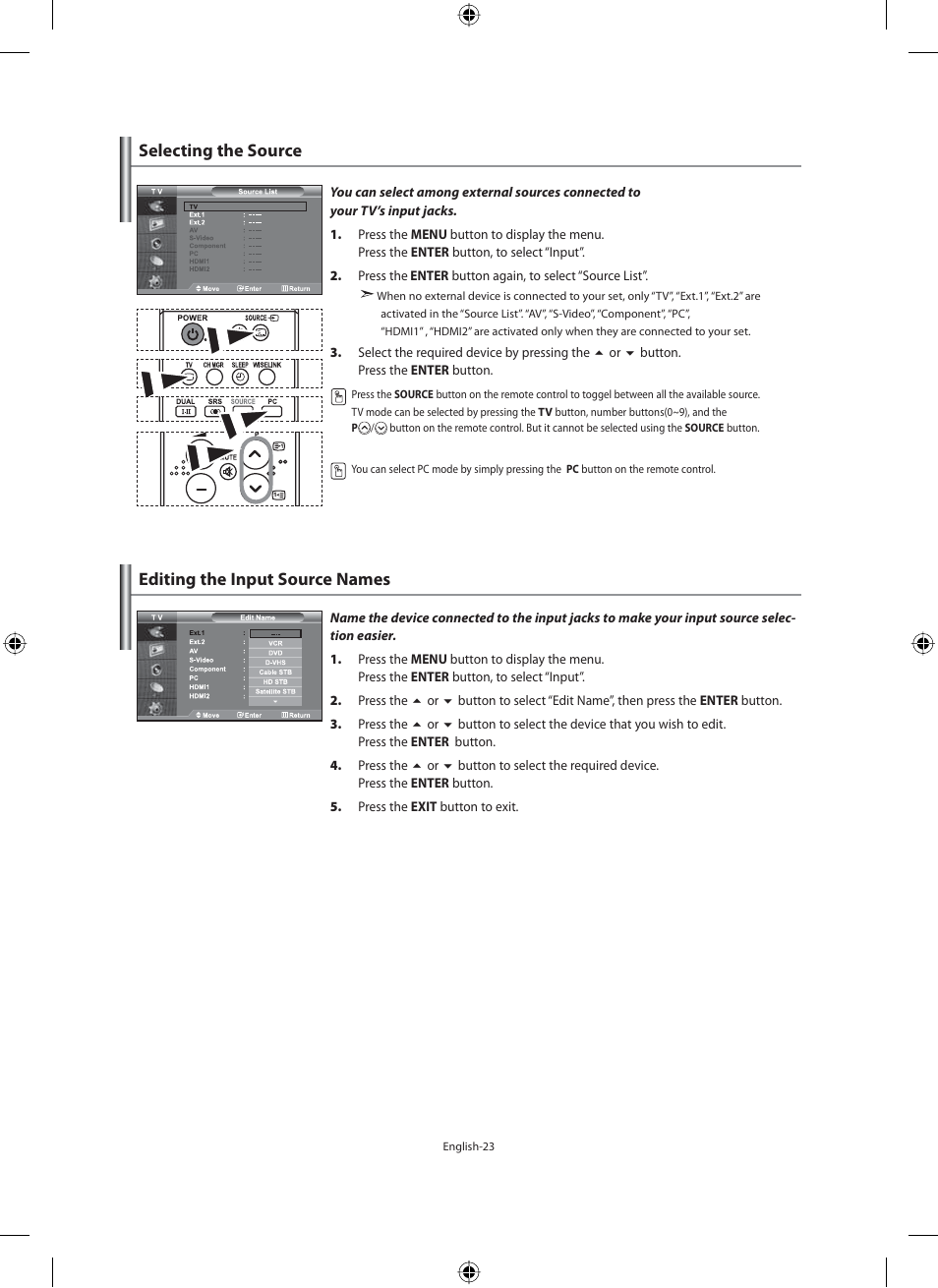 Selecting the source, Editing the input source names | Samsung LE40N71B User Manual | Page 25 / 355