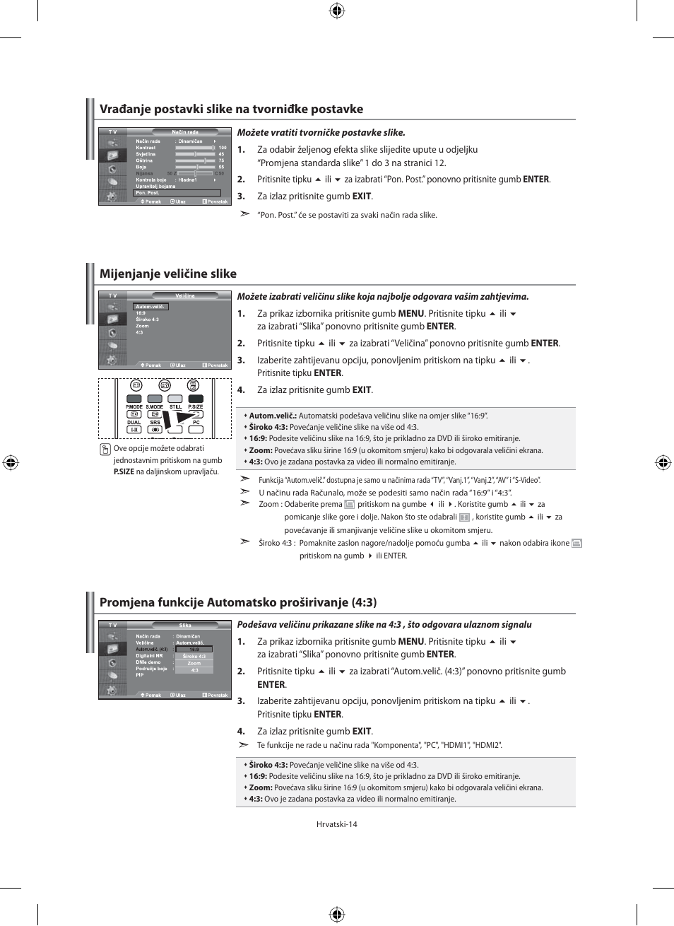 Mijenjanje veličine slike, Vrađanje postavki slike na tvorniđke postavke, Promjena funkcije automatsko proširivanje (4:3) | Samsung LE40N71B User Manual | Page 280 / 355